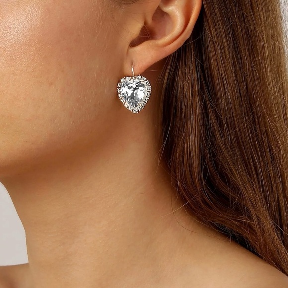 Clear Crystal Heart With White Stone Silver Earrings, Sterling Silver Plated - Picture 3 of 7